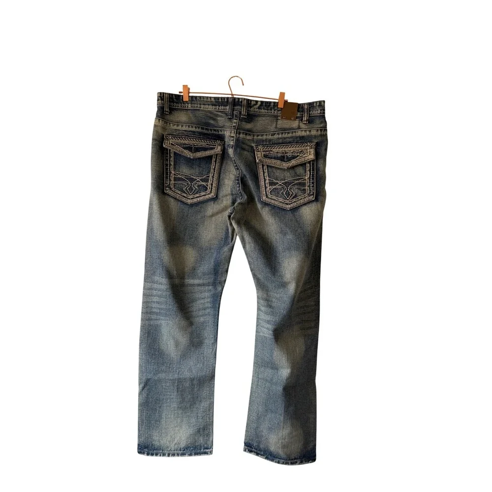 Dylan Slim Fit GS115 Mens Distressed Acid Wash Thick Stitch Jeans Blue 38x32